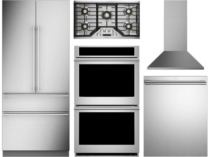 5 Piece Stainless Steel Kitchen Package with 36" Counter Depth French Door Refrigerator, 36" Gas Cooktop, 30" 10 cu. ft. Electric Double Wall Oven, 24" Fully Integrated Dishwasher and 36" Chimney Hood