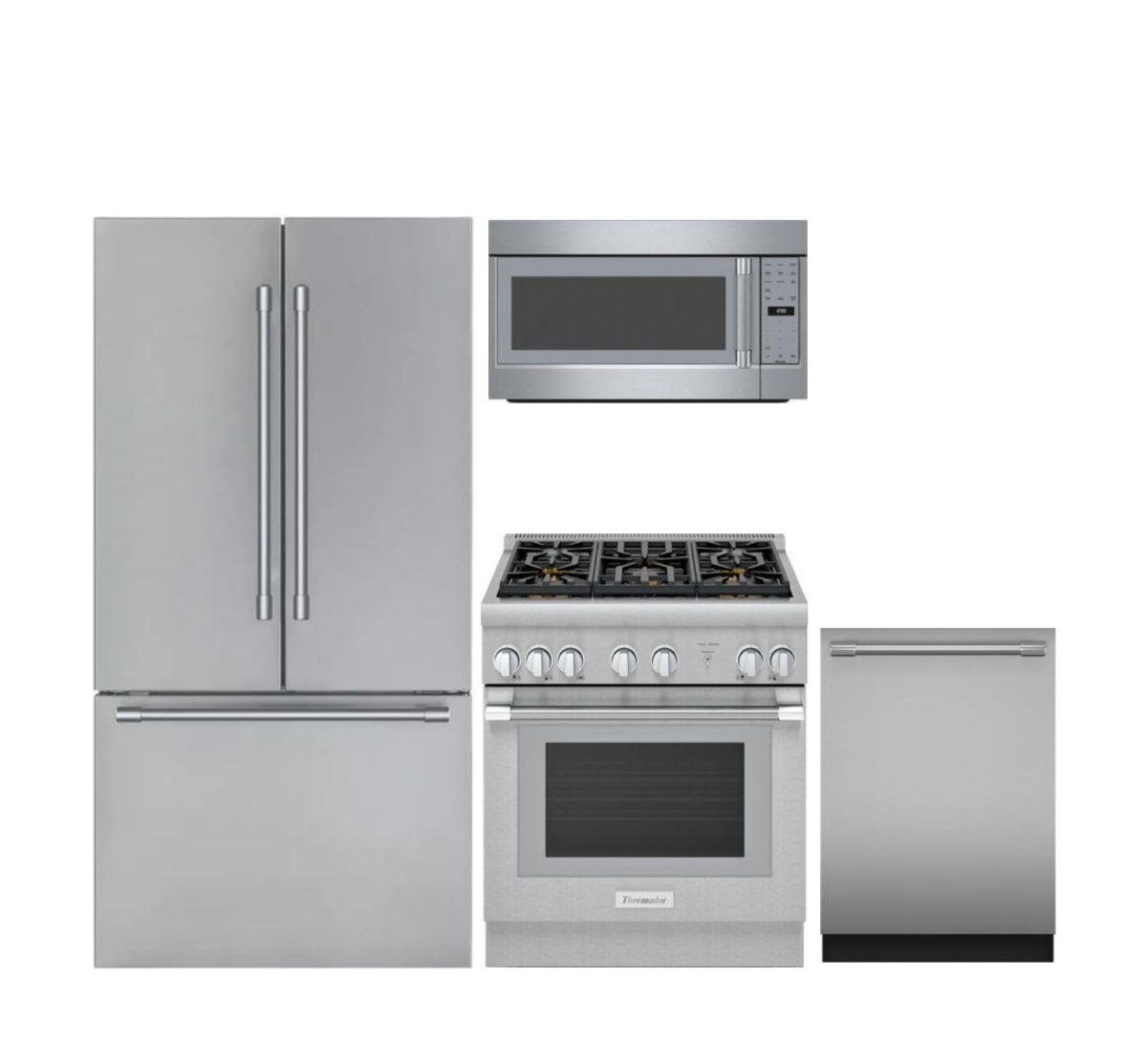 4 Piece Stainless Steel Kitchen Package with 36" Counter Depth French Door Refrigerator, 30" Slide-In Gas Range, 24" Dishwasher and 30" 2.1 cu. ft. Over-the-Range Microwave