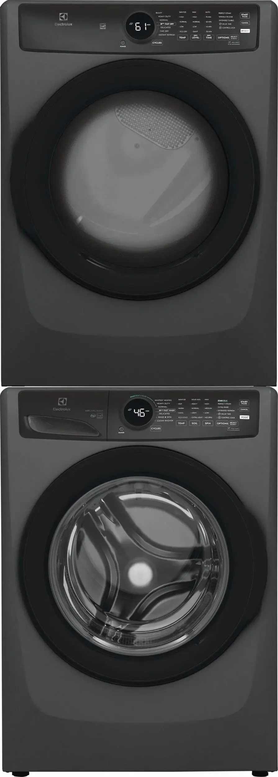 Stacked Front Load Washer and Gas Dryer Set in Titanium