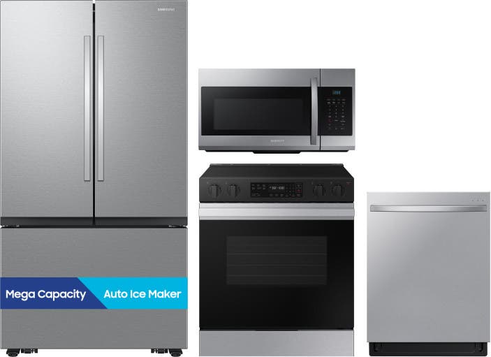 4 Piece Stainless Steel Kitchen Package with 36" French Door Refrigerator, 30" Slide-In Electric Range, 24" Dishwasher and 30" 1.7 cu. ft. Over-the-Range Microwave