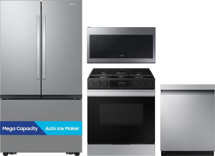 4 Piece Stainless Steel Kitchen Package with 36" French Door Refrigerator, 30" Slide-In Gas Range, 24" Dishwasher and 2.1 cu. ft. Over-the-Range Microwave
