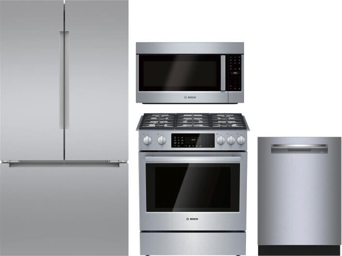 4 Piece Stainless Steel Kitchen Package with 36" Counter Depth French Door Refrigerator, 30" Slide-In Dual Fuel Range, 24" Dishwasher and 30" 2.1 cu. ft. Over-the-Range Microwave