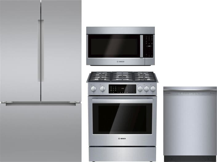 4 Piece Stainless Steel Kitchen Package with 36" Counter Depth French Door Refrigerator, 30" Slide-In Dual Fuel Range, 24" Dishwasher and 30" 2.1 cu. ft. Over-the-Range Microwave
