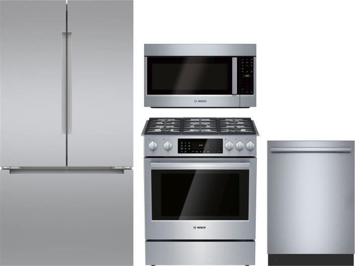 4 Piece Stainless Steel Kitchen Package with 36" Counter Depth French Door Refrigerator, 30" Slide-In Dual Fuel Range, 24" Dishwasher and 30" 2.1 cu. ft. Over-the-Range Microwave