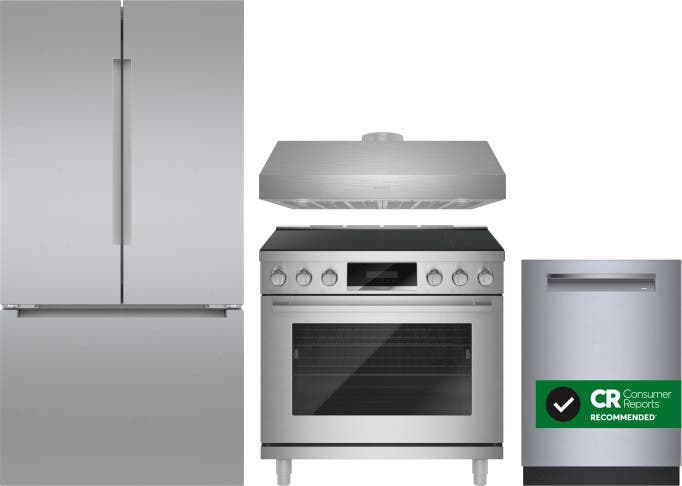 4 Piece 800 Series Stainless Steel Kitchen Package with 36" Counter Depth French Door Refrigerator, 36" Slide-In Induction Range, 24" Dishwasher and 36" Wall-Mount Hood