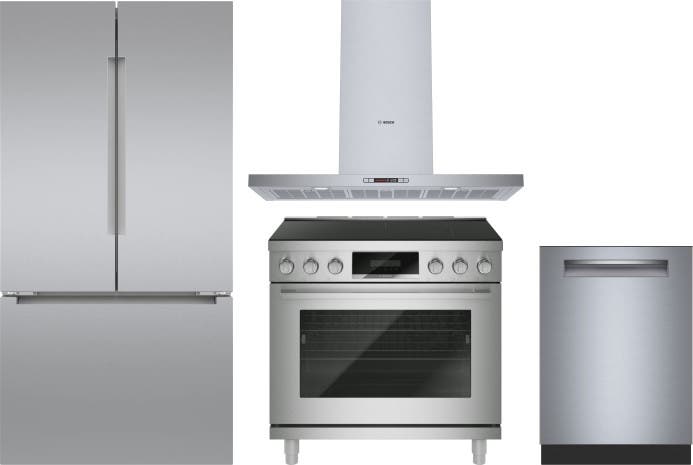 4 Piece Stainless Steel Kitchen Package with 36" Counter Depth French Door Refrigerator, 36" Slide-In Induction Range, 24" Dishwasher and 36" Wall-Mount Hood