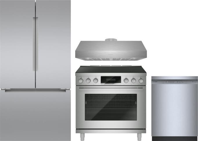 4 Piece Stainless Steel Kitchen Package with 36" Counter Depth French Door Refrigerator, 36" Slide-In Induction Range, 24" Dishwasher and 36" Wall-Mount Hood