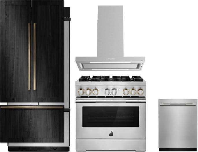 4 Piece RISE™ Stainless Steel Kitchen Package with 36" Counter Depth French Door Refrigerator, 36" Dual Fuel Range, 24" Dishwasher and 36" Island Hood