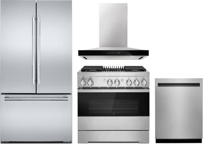 4 Piece Stainless Steel Kitchen Package with 36" Counter Depth French Door Refrigerator, 36" Dual Fuel Range, 24" Dishwasher and 36" Wall-Mount Hood