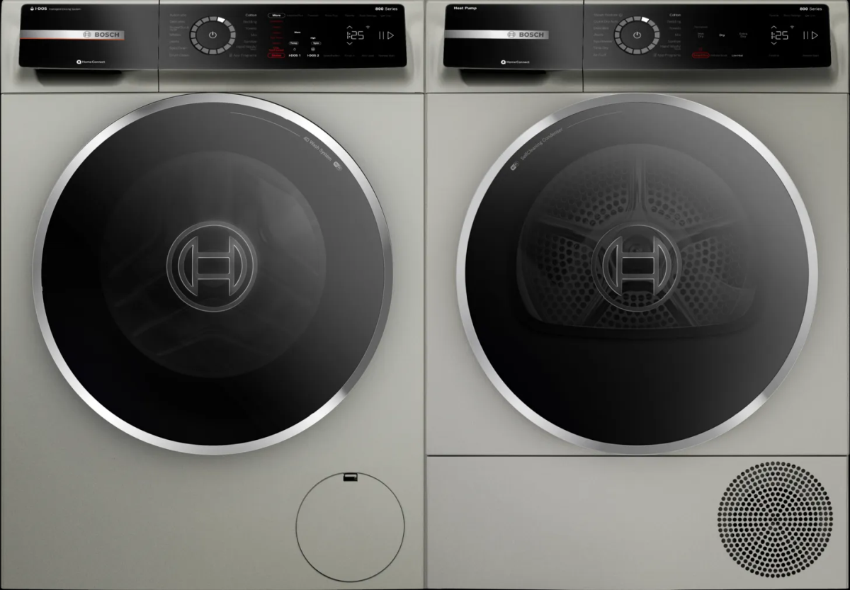 Side by Side Front Load Washer and Ventless Dryer Pair in Pearl Steel
