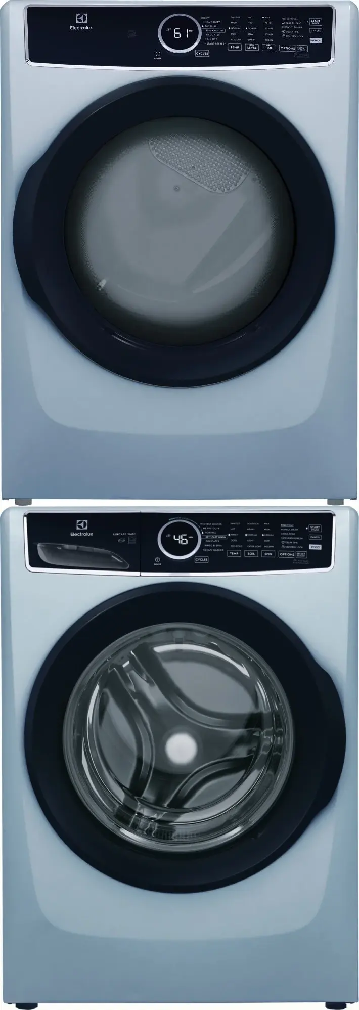 Stacked Front Load Washer and Gas Dryer Pair in Glacier Blue