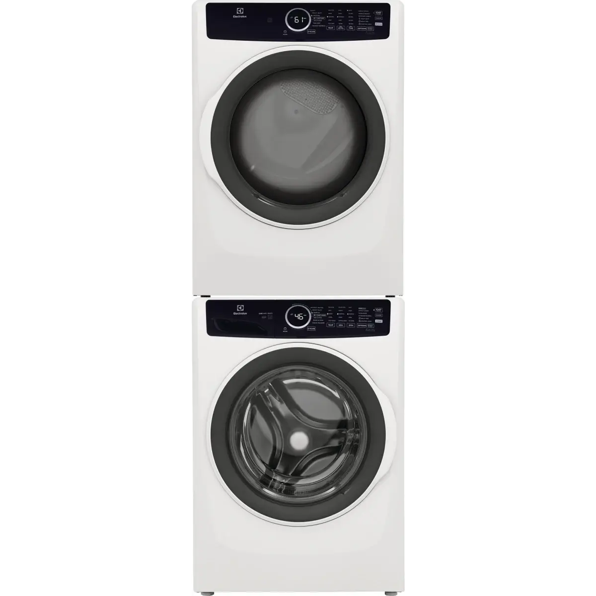 Stacked Front Load Washer and Electric Dryer Pair in White