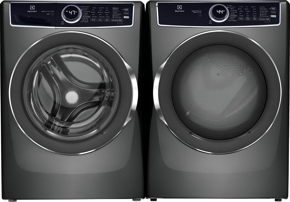Side by Side Front Load Washer and Electric Dryer Pair in Titanium