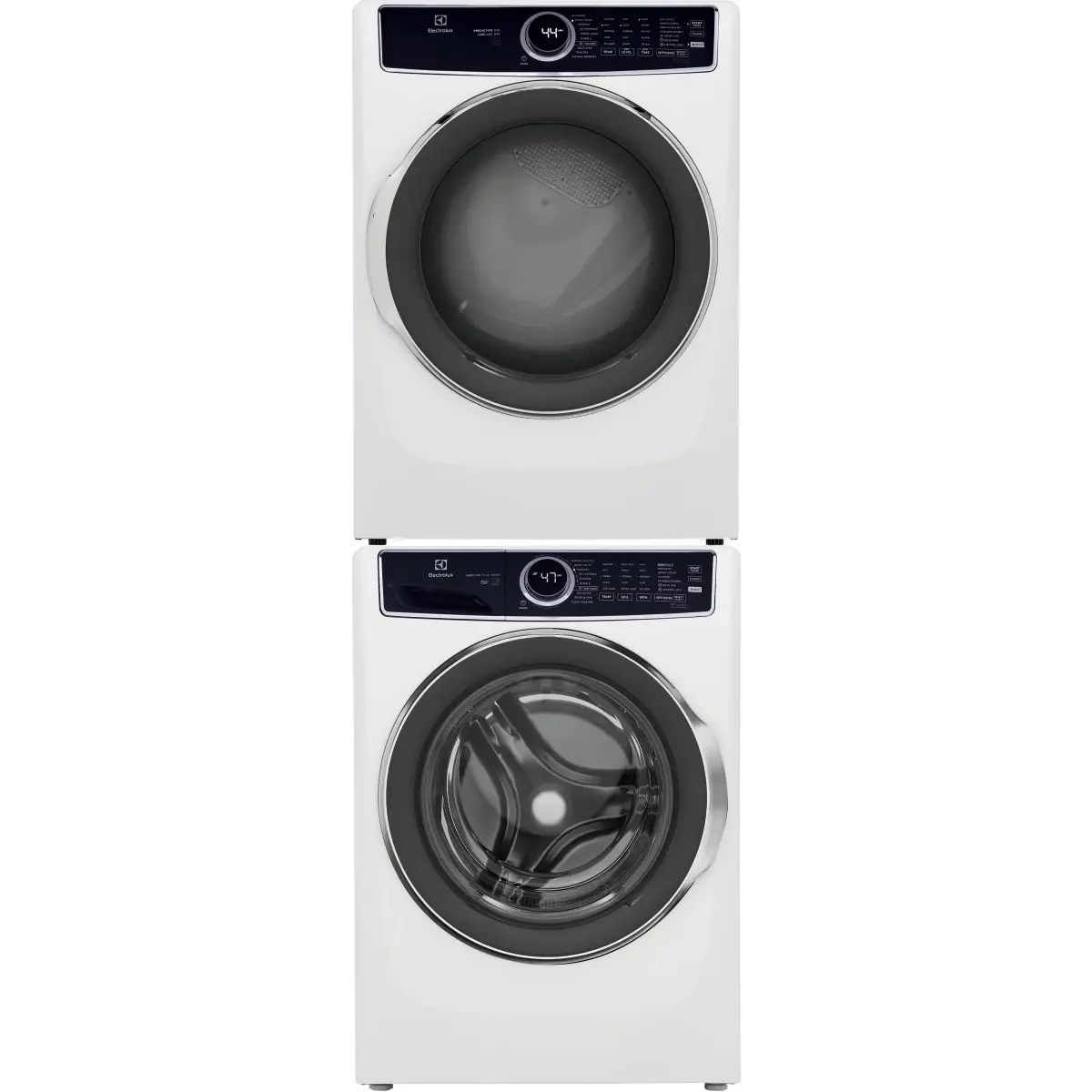 Stacked Front Load Washer and Electric Dryer Pair in White