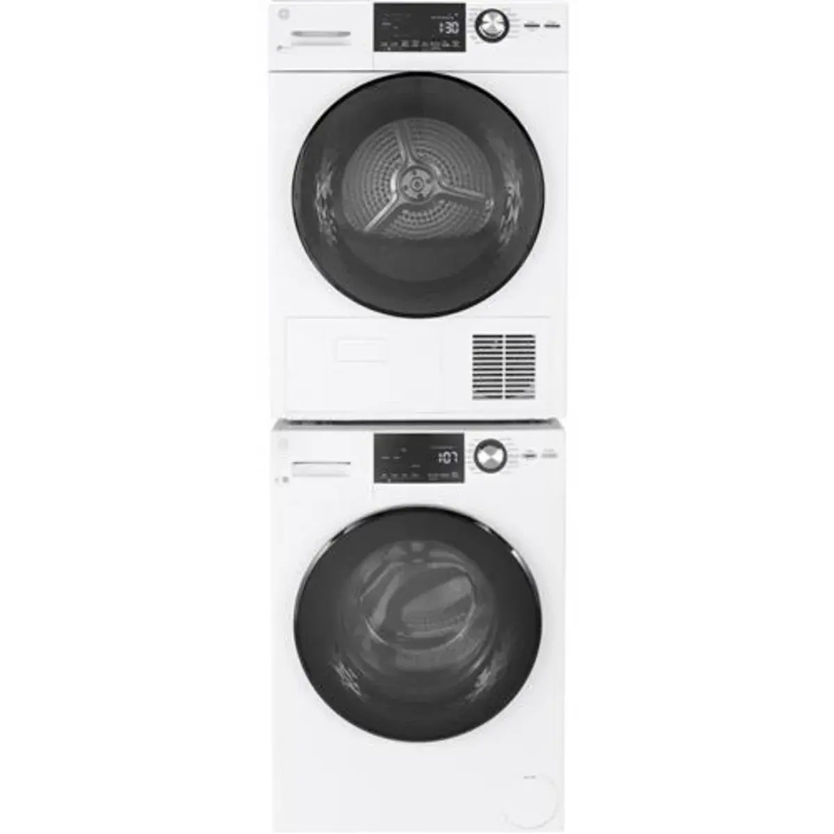 Stacked Front Load Washer and Electric Dryer Pair in White