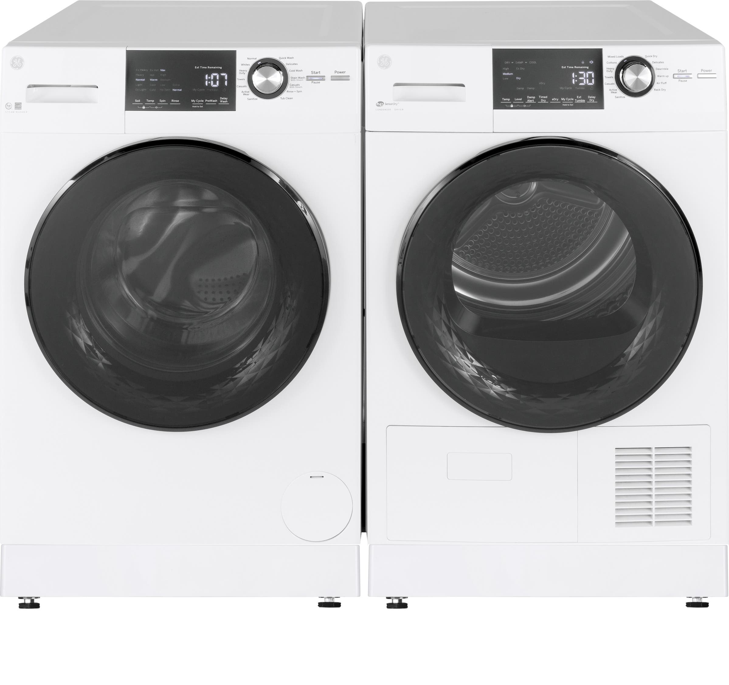 Front Load Washer and Ventless Dryer Pair in White on Risers