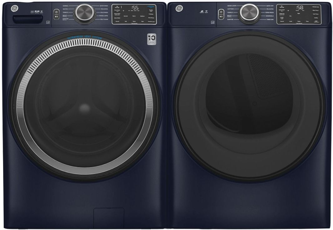 Side by Side Front Load Washer and Electric Dryer Pair in Sapphire Blue