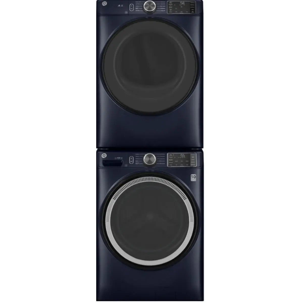 Stacked Front Load Washer and Gas Dryer Pair in Sapphire Blue