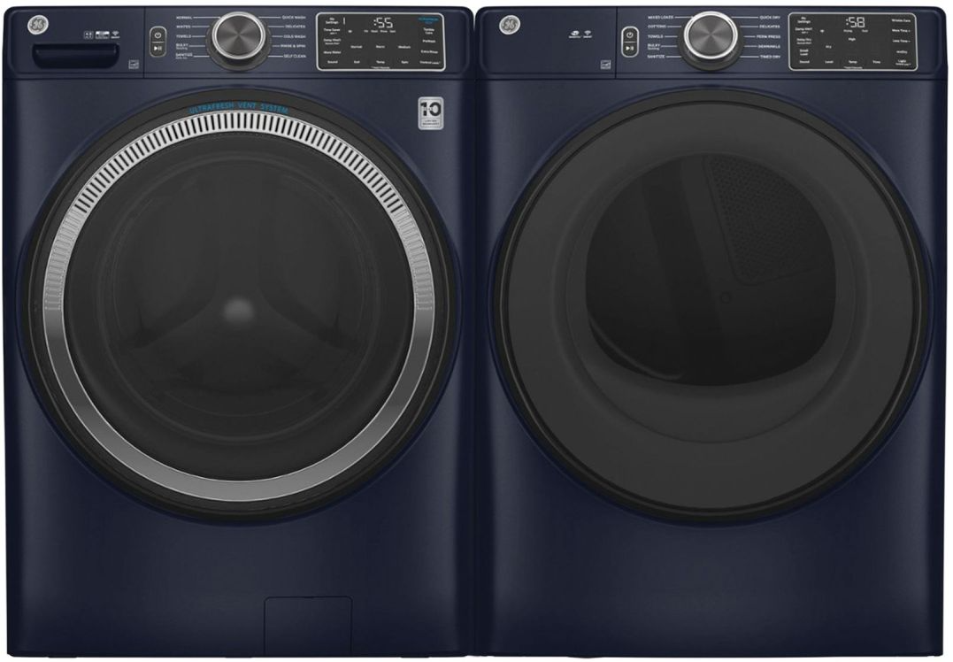 Side by Side Front Load Washer and Gas Dryer Pair in Sapphire Blue