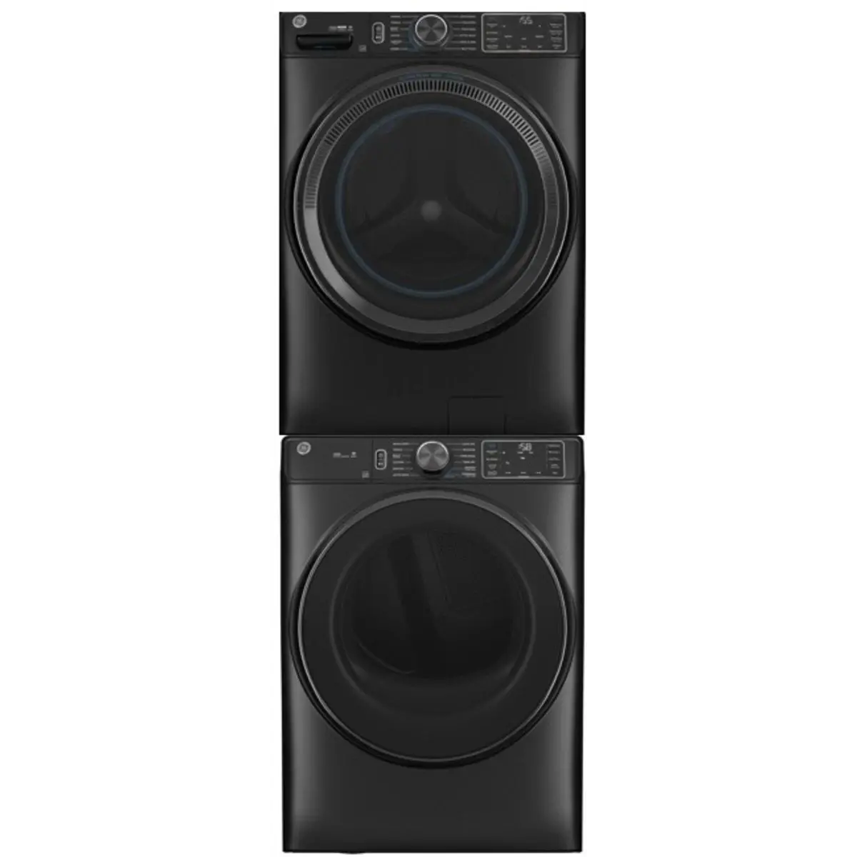 Stacked Front Load Washer and Gas Dryer Pair in Carbon Graphite