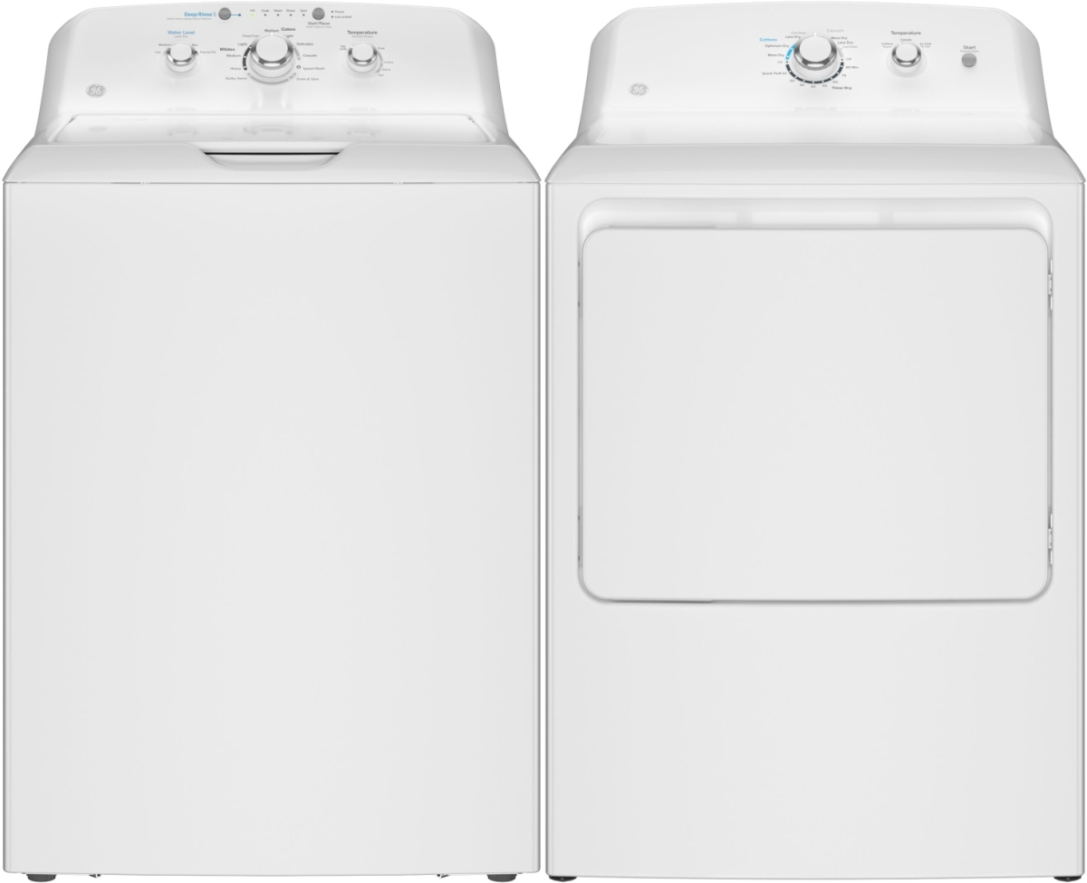Side by Side Top Load Washer and Electric Dryer Pair in White