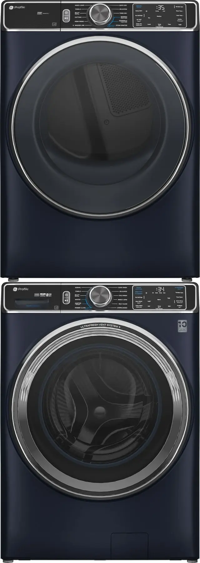 Stacked Front Load Washer and Electric Dryer Pair in Sapphire Blue