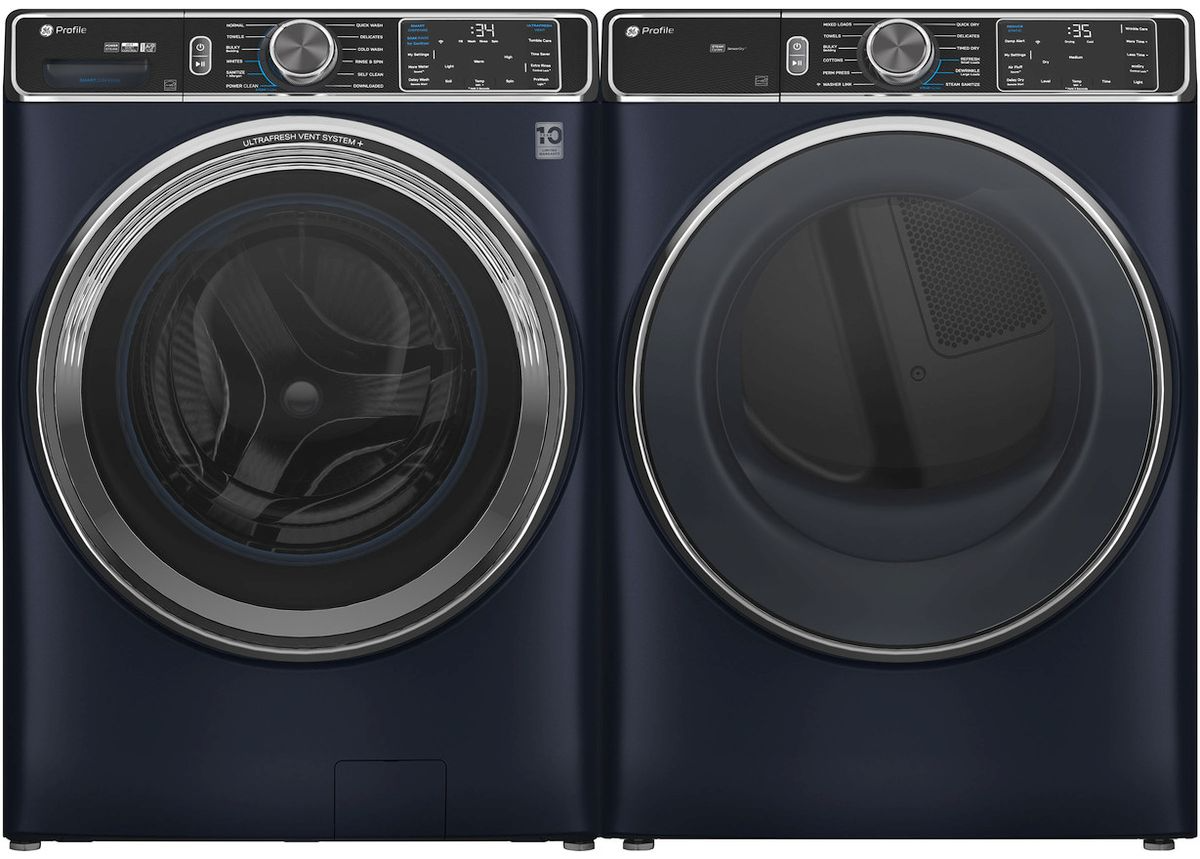 Side by Side Front Load Washer and Electric Dryer Pair in Sapphire Blue