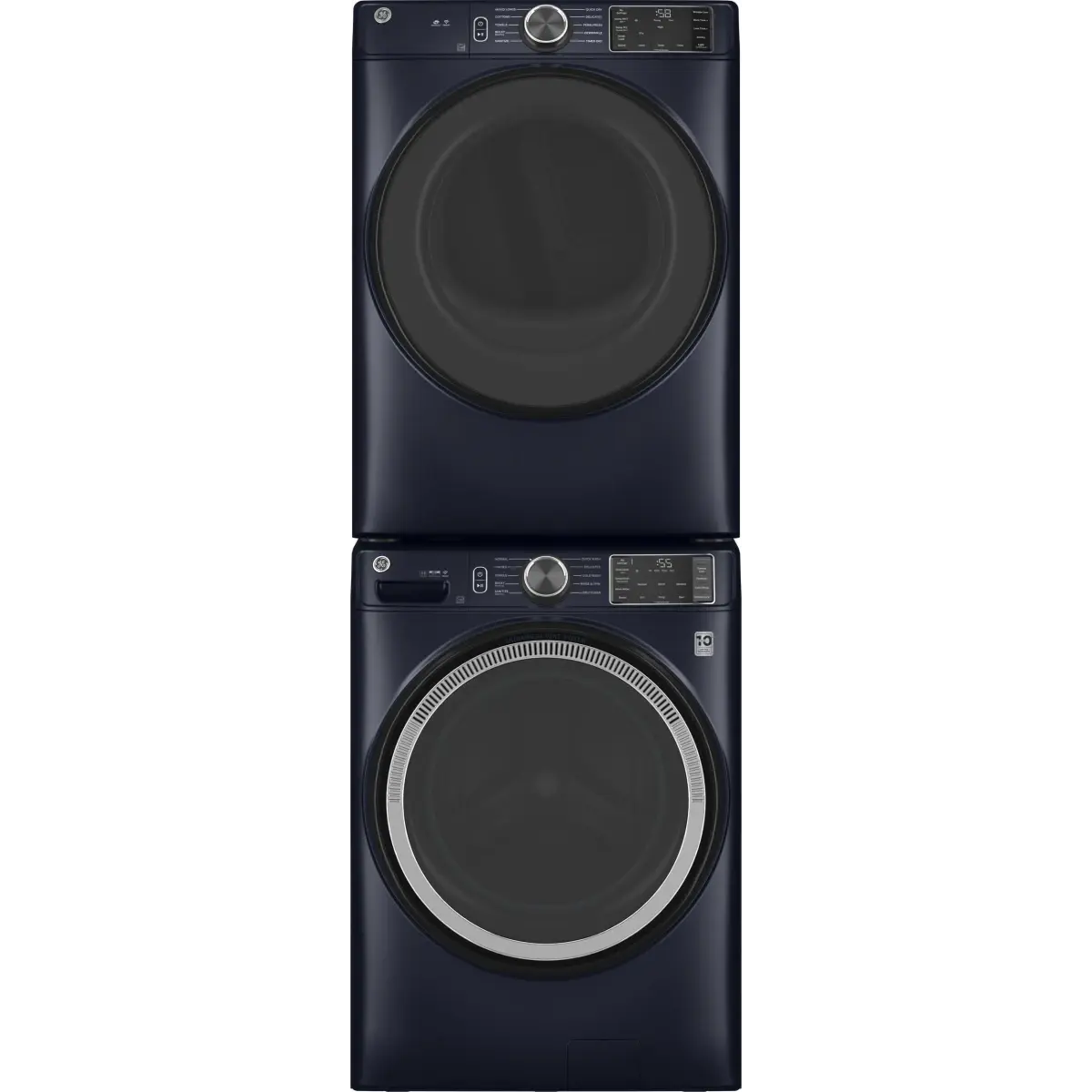 Stacked Front Load Washer and Gas Dryer Pair in Sapphire Blue
