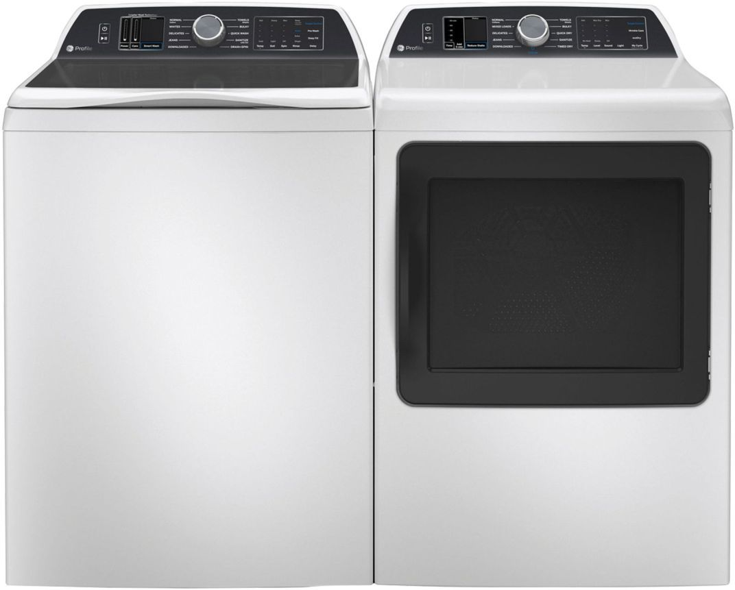 Side by Side Top Load Washer and Electric Dryer Pair in White