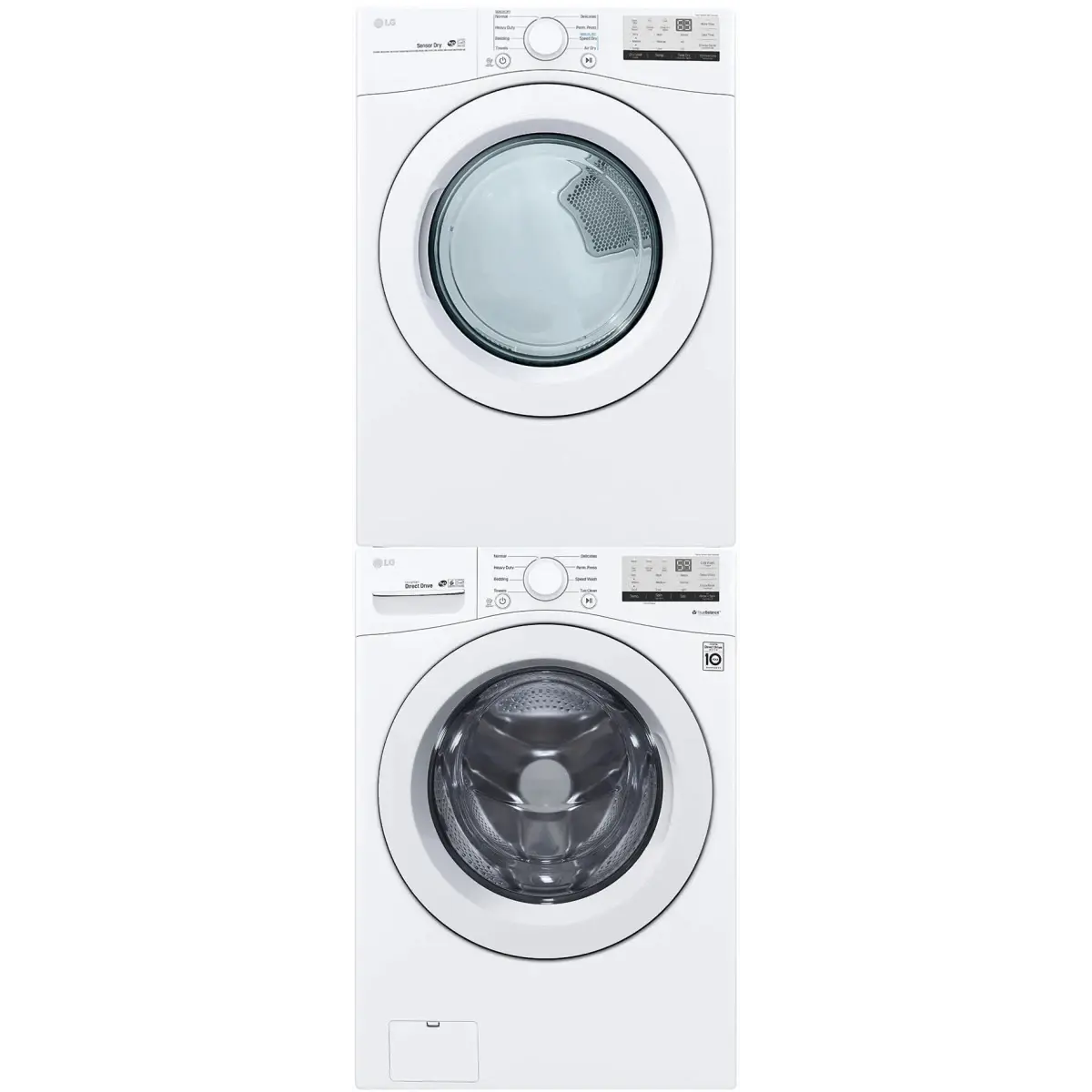Stacked Front Load Washer and Electric Dryer Pair in White