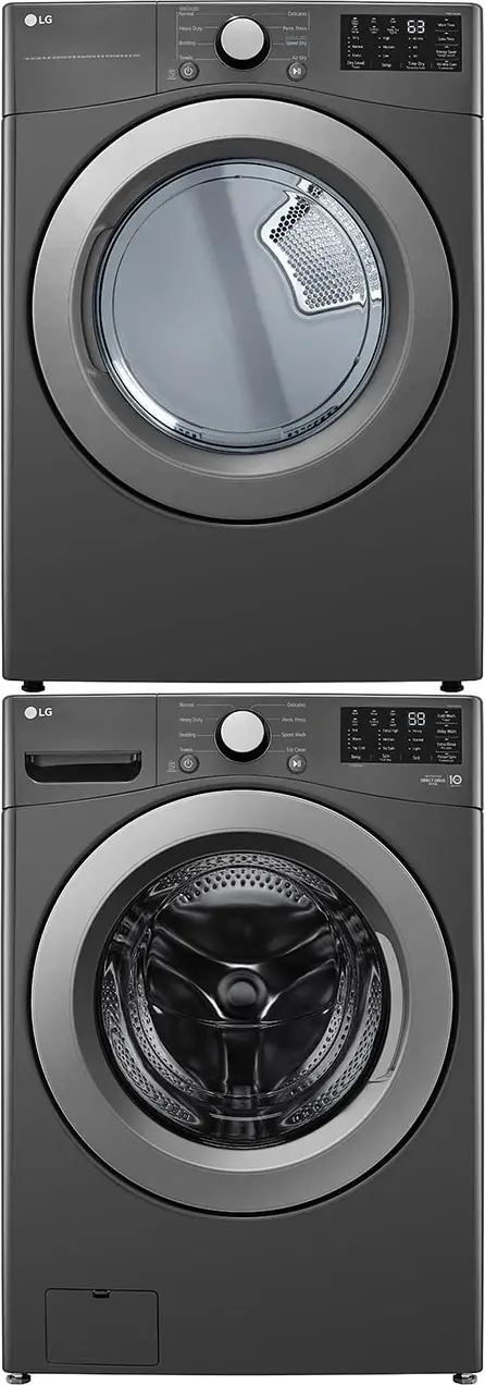 Stacked Front Load Washer and Electric Dryer Pair in Middle Black