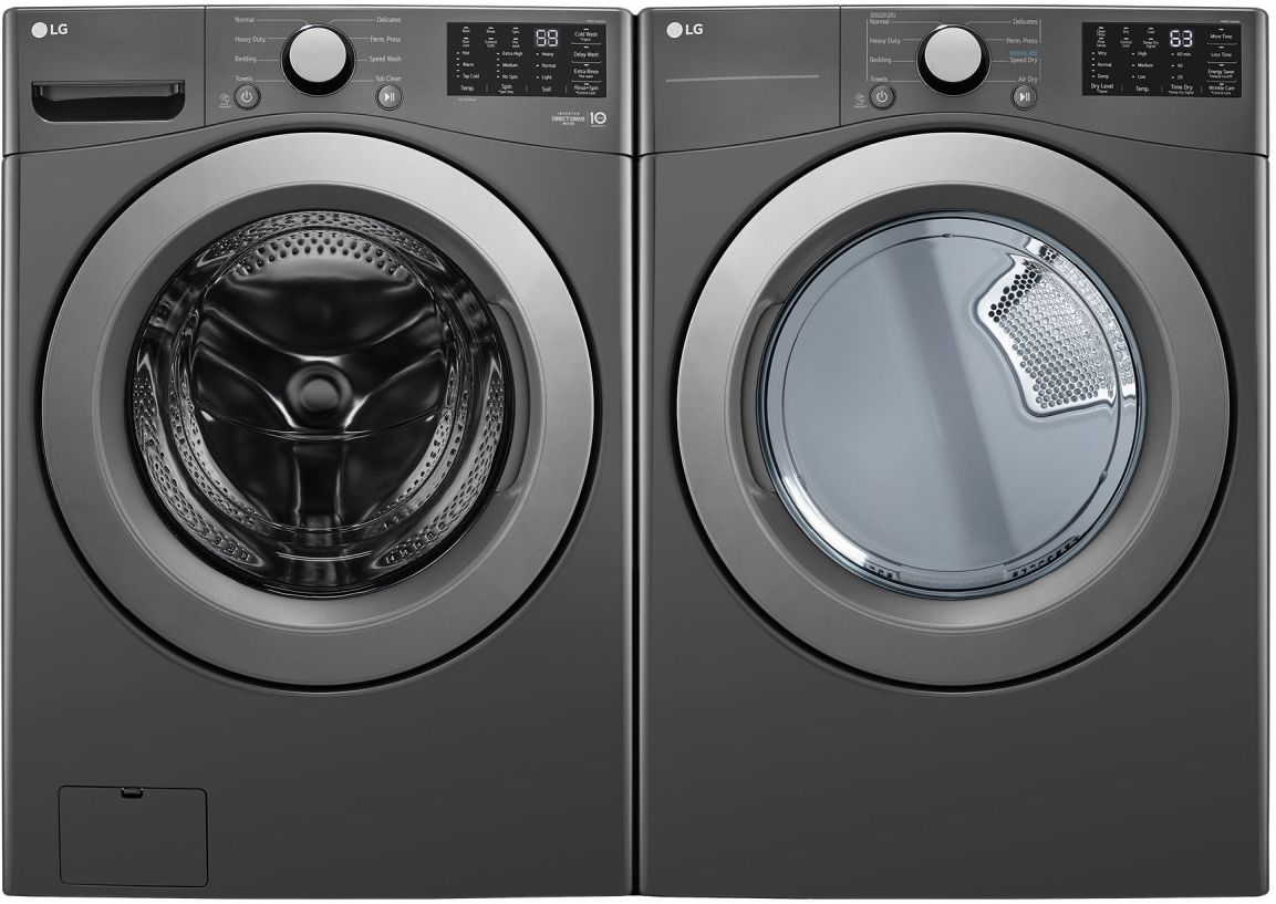Side by Side Front Load Washer and Gas Dryer Pair in Middle Black