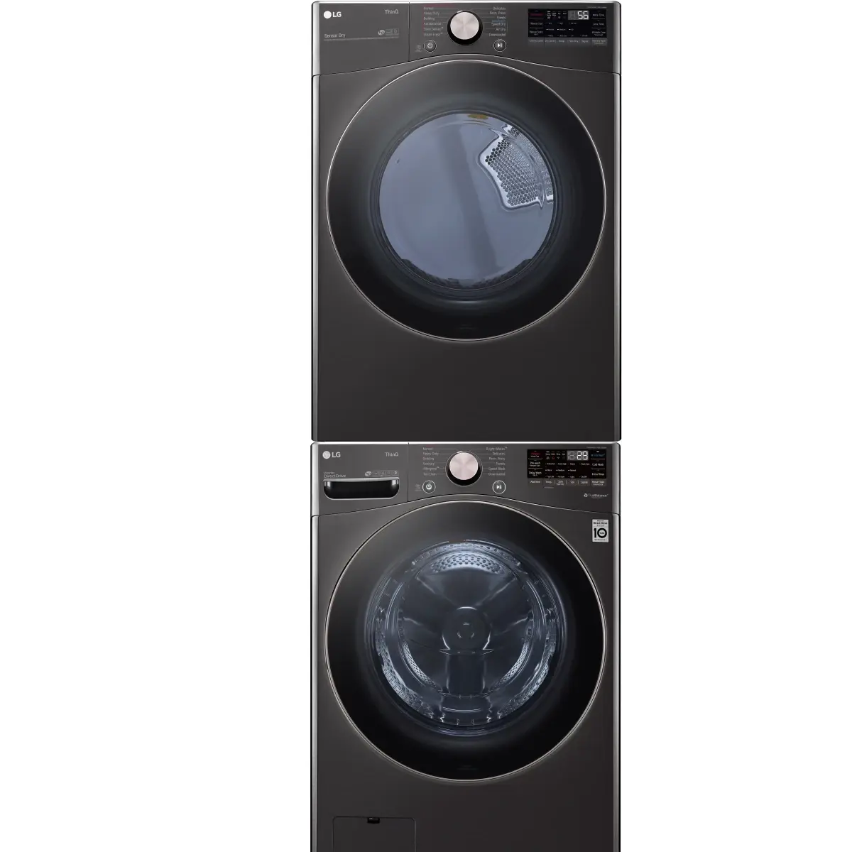 Stacked Front Load Washer and Gas Dryer Pair in Black Steel