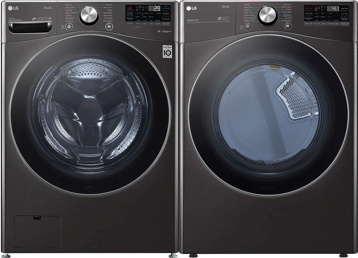 Side by Side Front Load Washer and Gas Dryer Pair in Black Steel