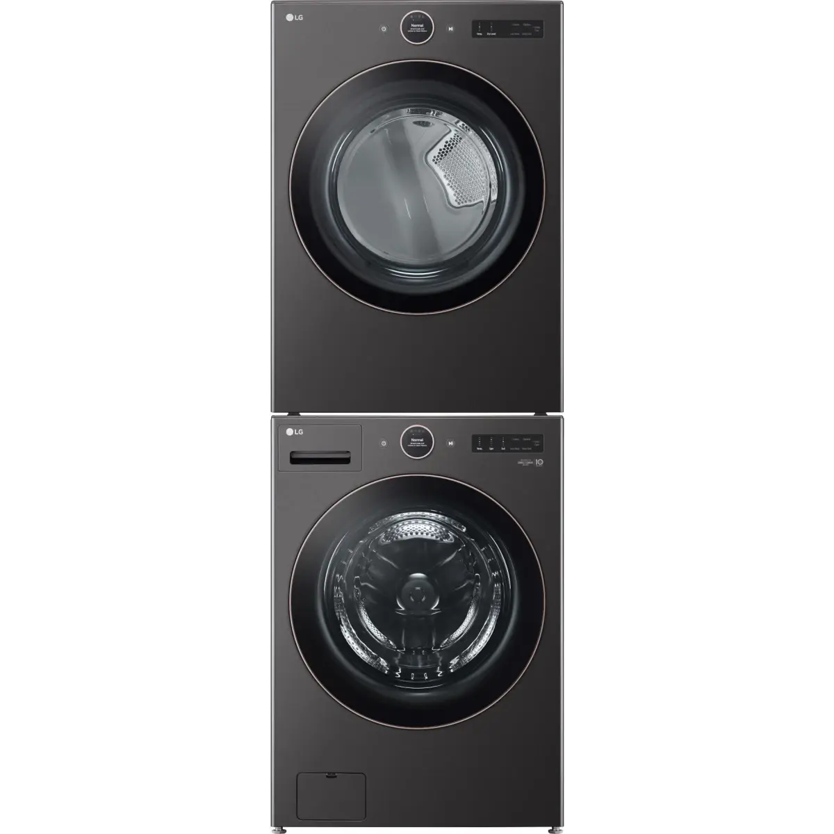 Stacked Front Load Washer and Gas Dryer Pair in Black Steel
