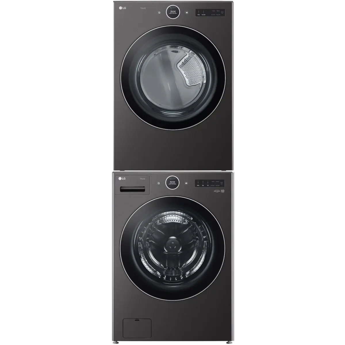 Stacked Front Load Washer and Gas Dryer Pair in Black Steel