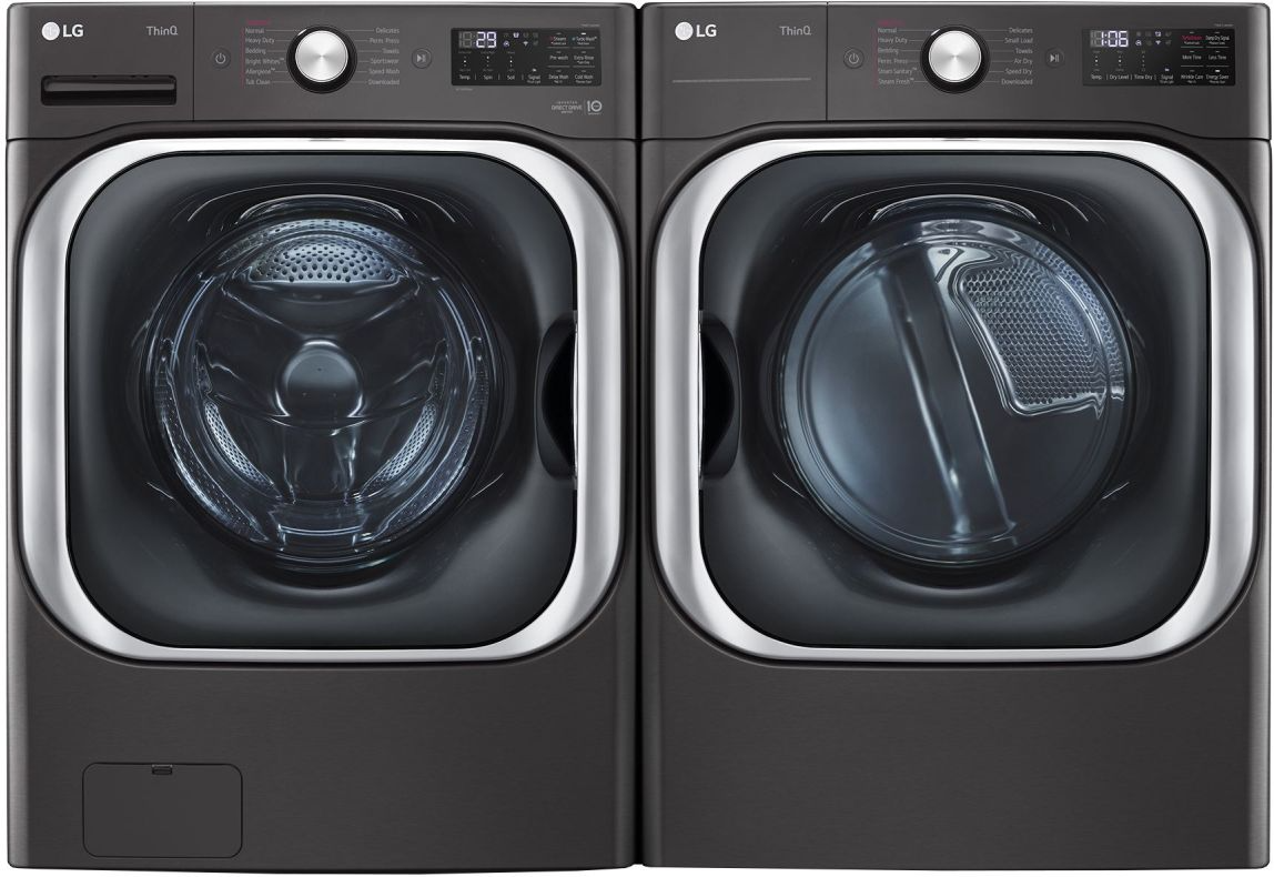 Side by Side Front Load Washer and Gas Dryer Pair in Black Steel