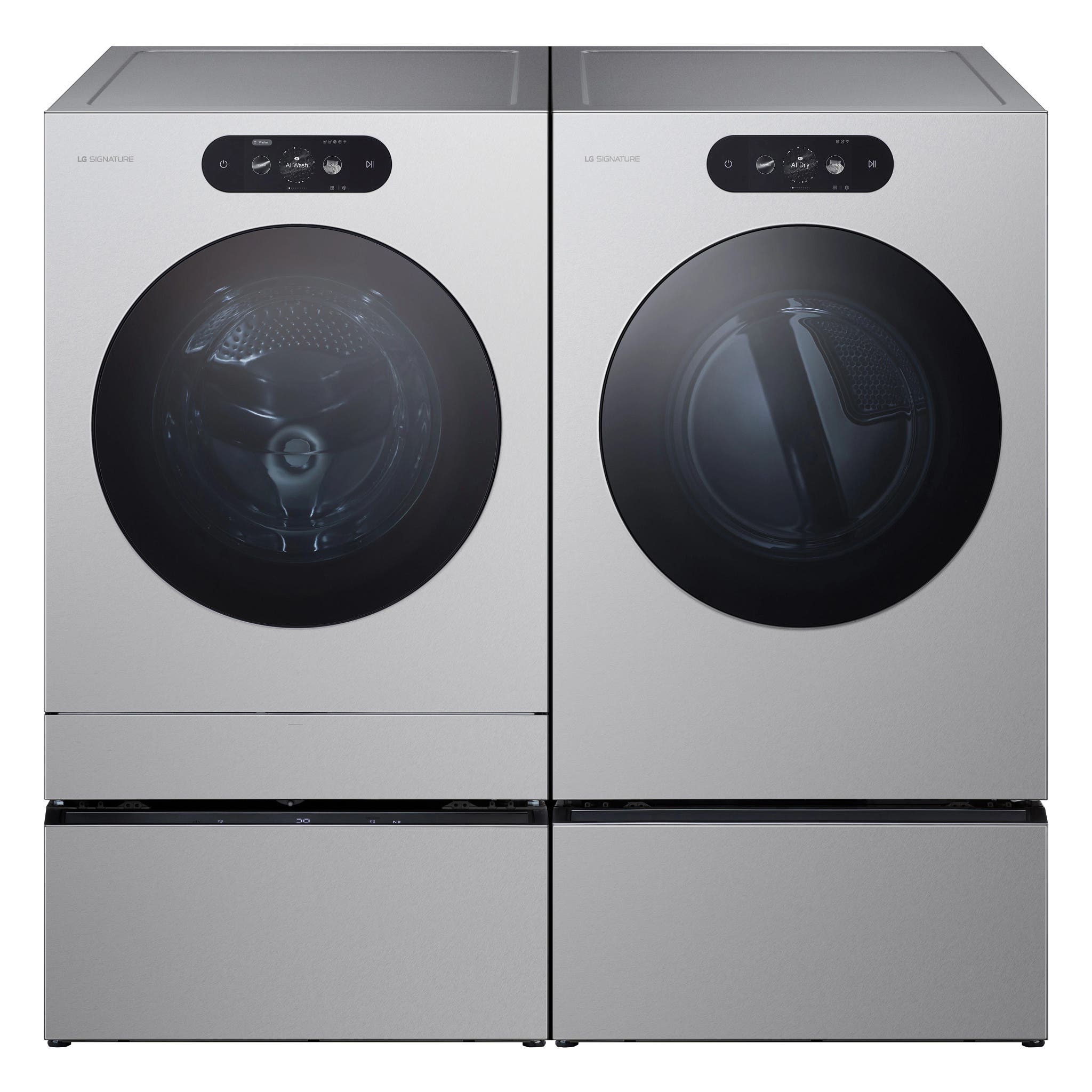 Front Load Washer and Gas Dryer Pair in Brushed Platinum Steel w/ Pedestal (Washer Pedestal)