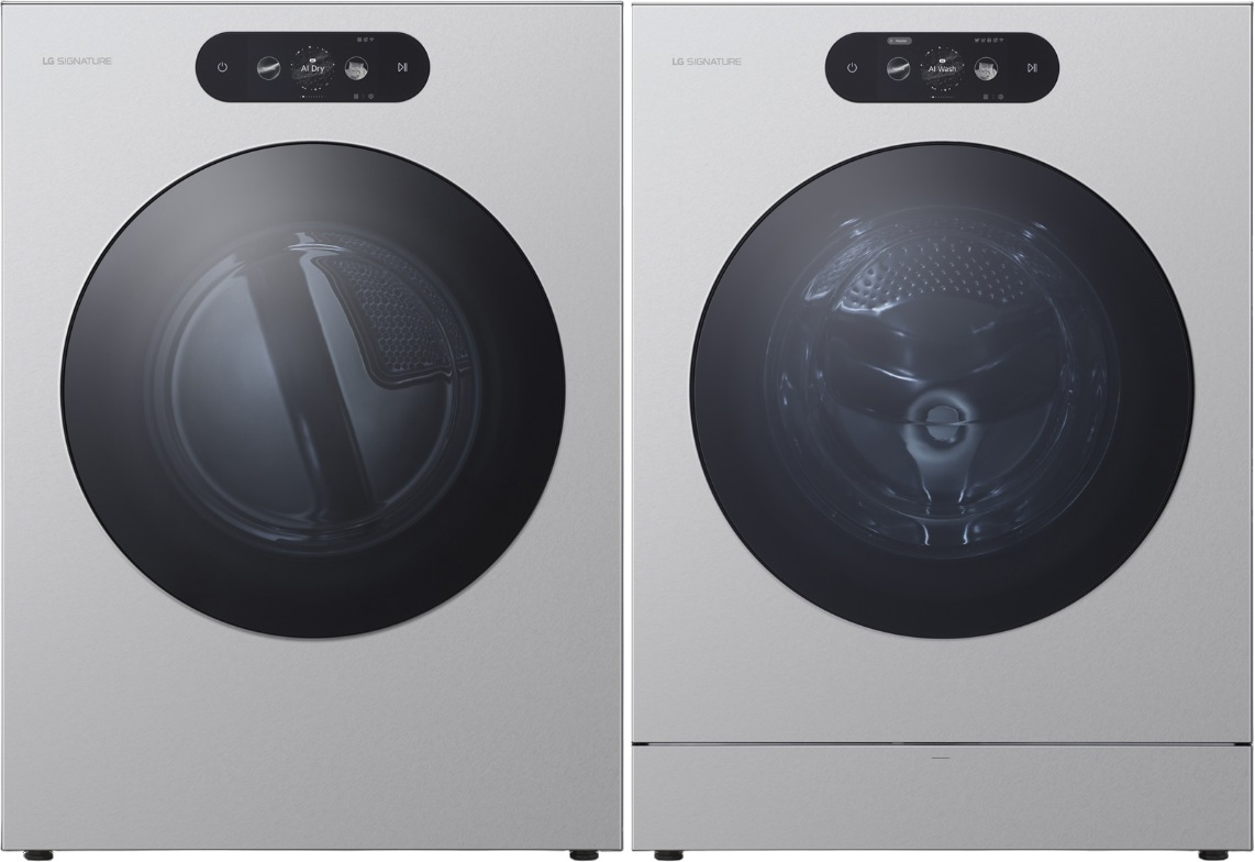 Side by Side Front Load Washer and Gas Dryer Pair in Brushed Platinum Steel