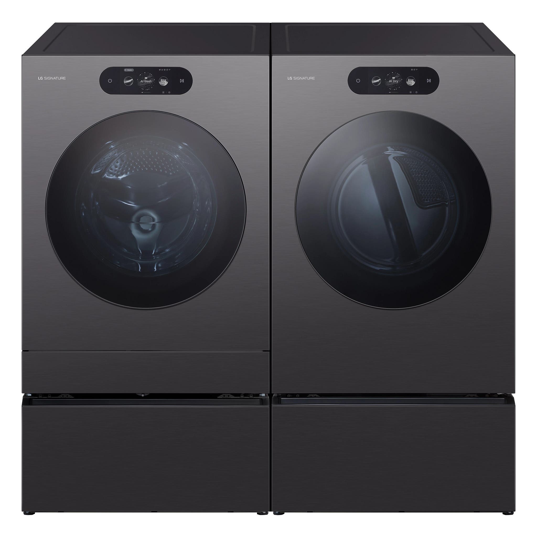 Front Load Washer and Gas Dryer Pair in Brushed Black Steel w/ Pedestal (Washer Pedestal)