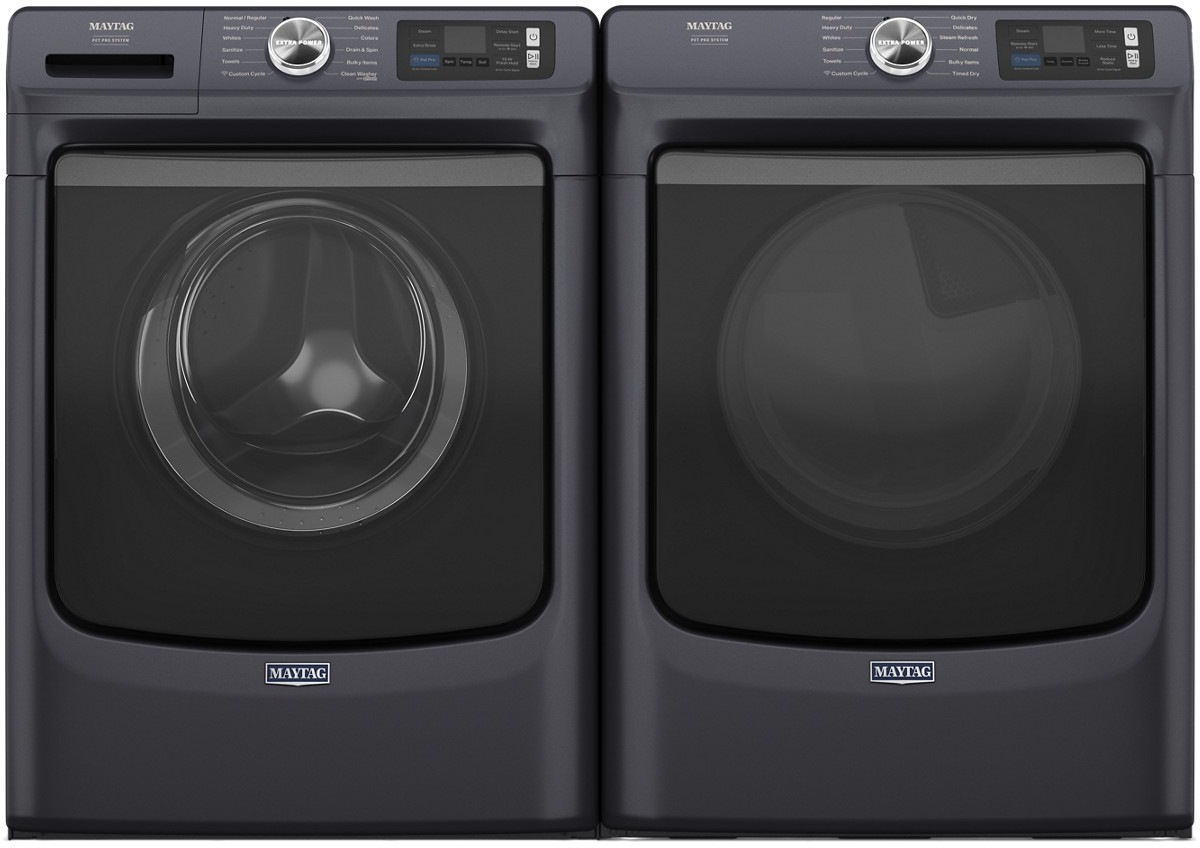 Side by Side Front Load Washer and Electric Dryer Pair in Midnight Steel