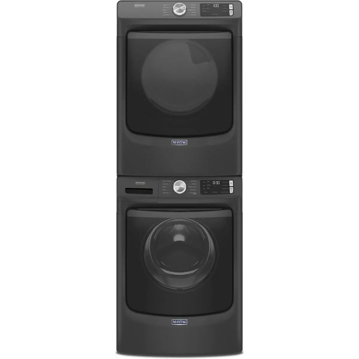 Stacked Front Load Washer and Electric Dryer Pair in Volcano Black