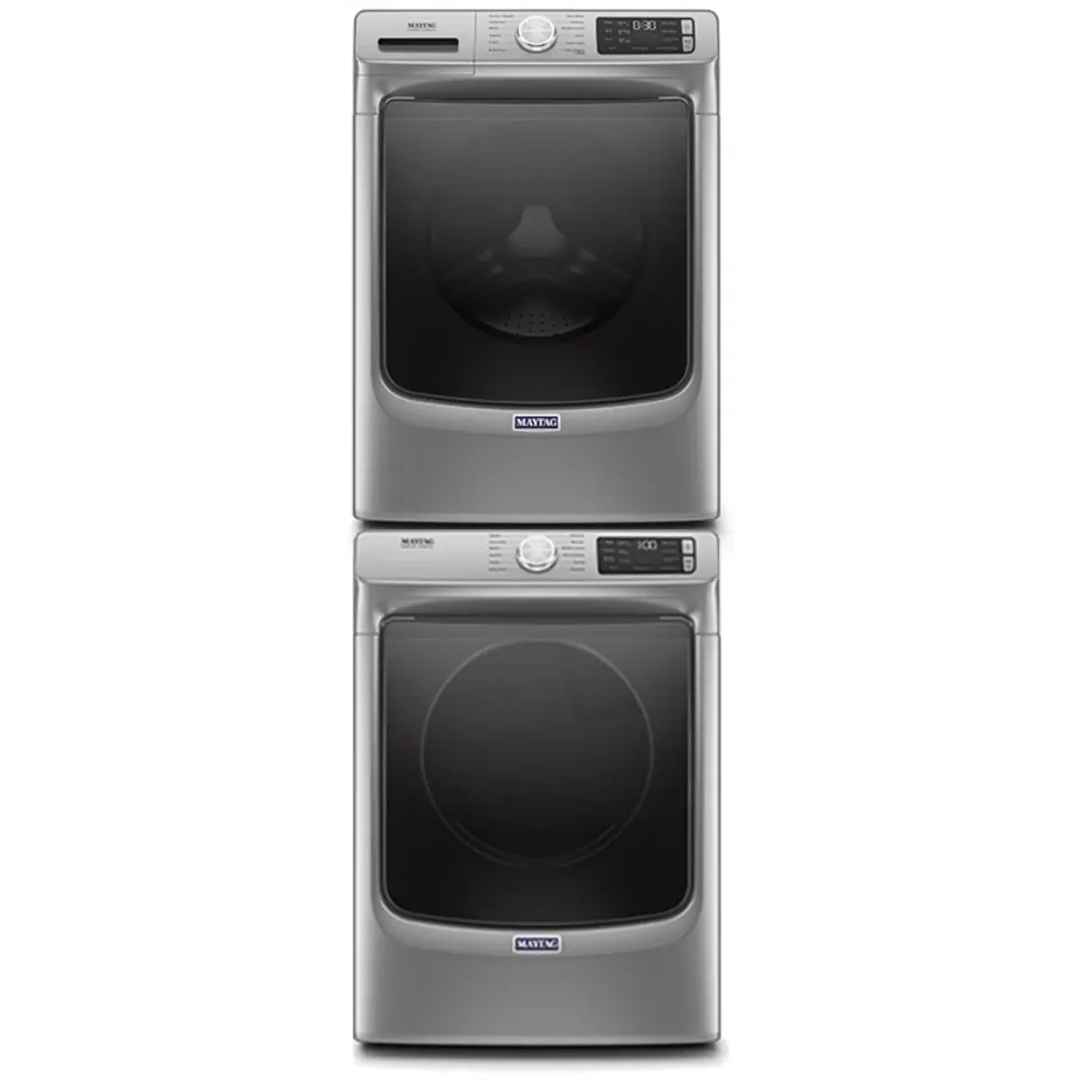 Stacked Front Load Washer and Gas Dryer Pair in Metallic Slate