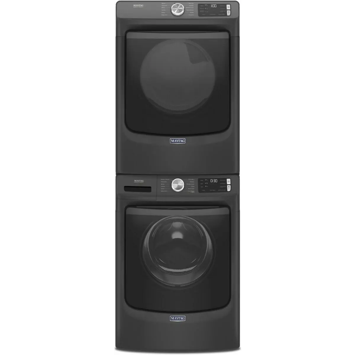 Stacked Front Load Washer and Electric Dryer Pair in Volcano Black