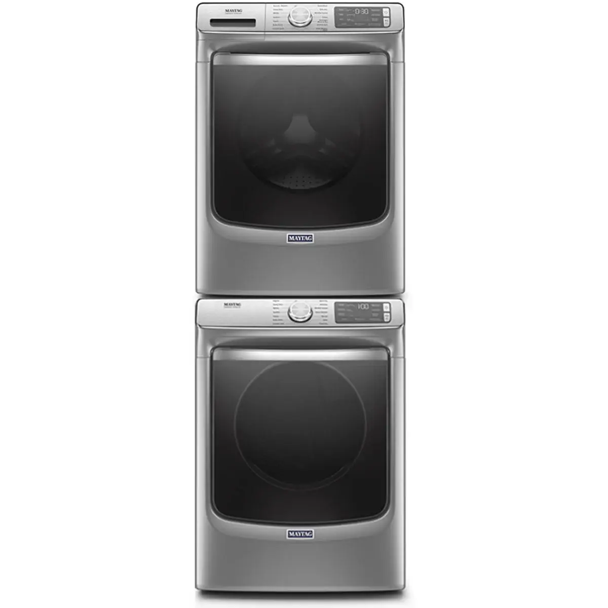 Stacked Front Load Washer and Gas Dryer Pair in Metallic Slate