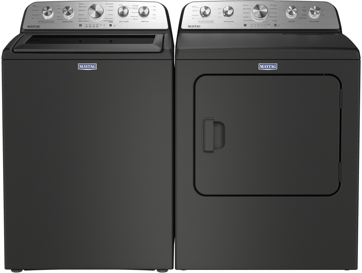 Side by Side Top Load Washer and Gas Dryer Pair in Volcano Black
