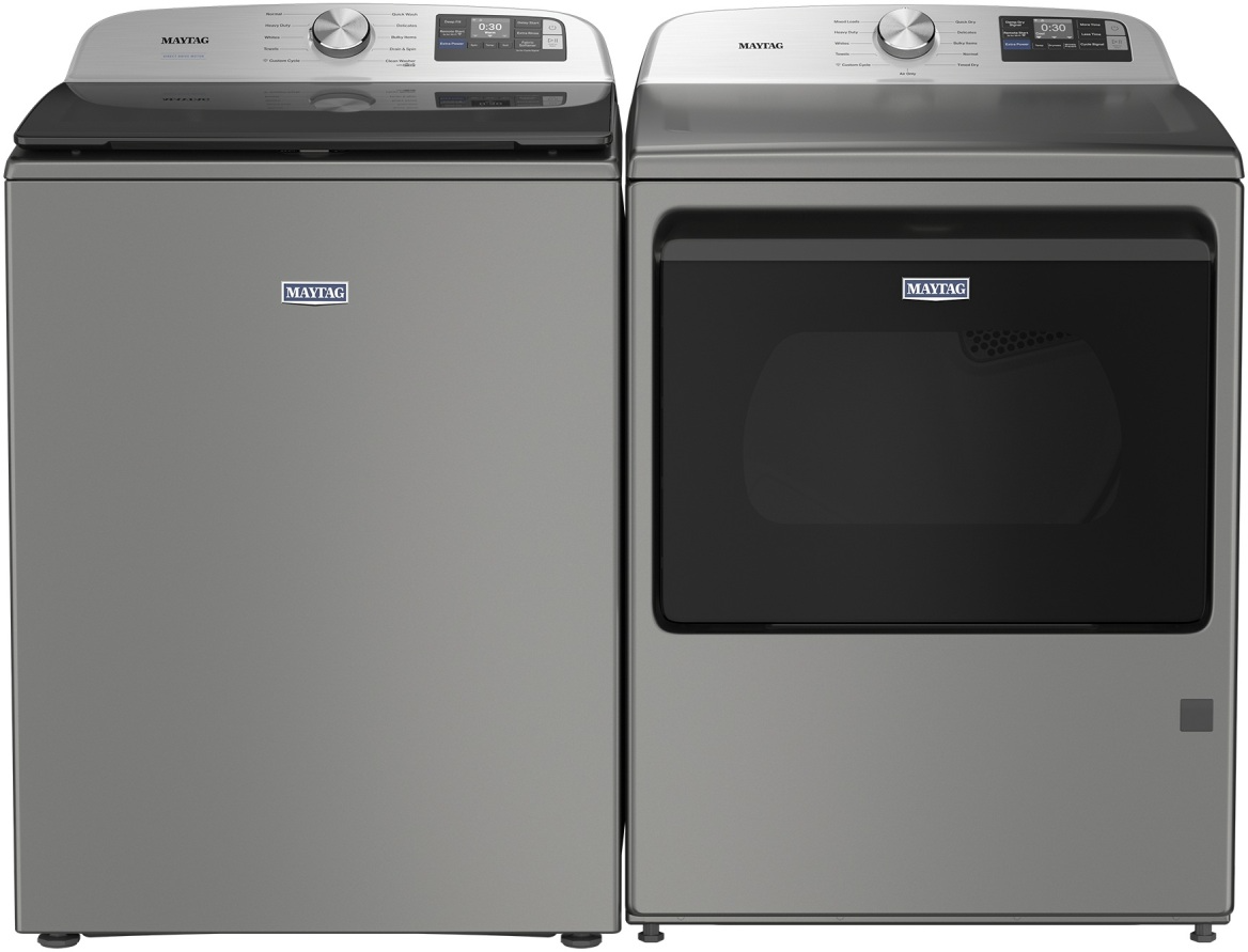 Side by Side Top Load Washer and Electric Dryer Pair in Classic Silver