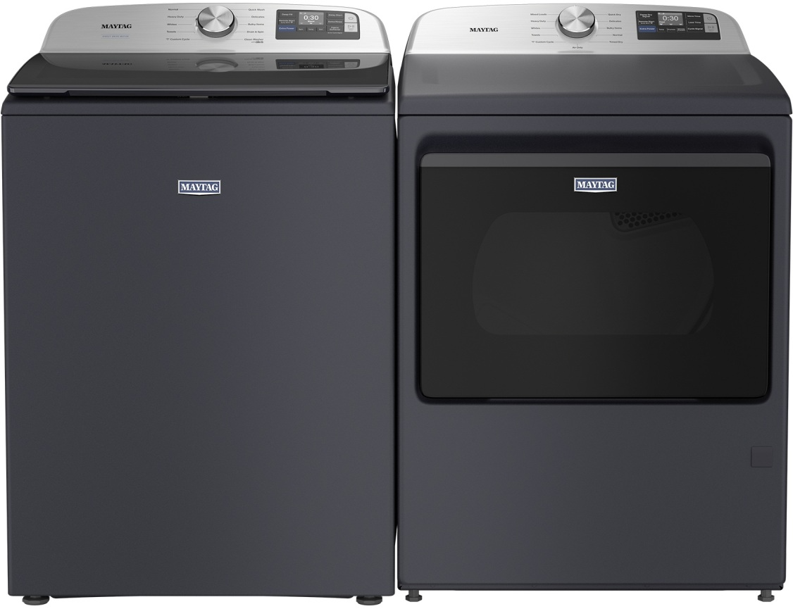 Side by Side Top Load Washer and Electric Dryer Pair in Midnight Steel