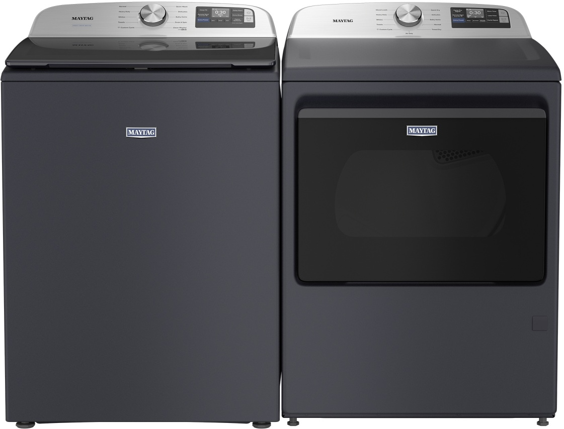 Side by Side Top Load Washer and Gas Dryer Pair in Midnight Steel