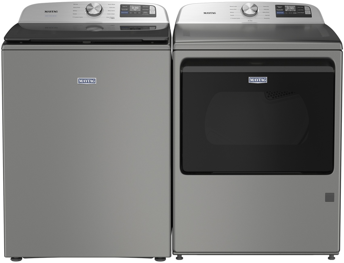 Side by Side Top Load Washer and Electric Dryer Pair in Classic Silver
